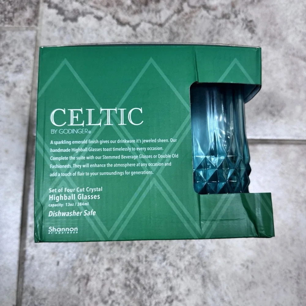 Celtic‎ By Godinger Crystal Iced Beverage Highball Glasses Green 13oz set of 4